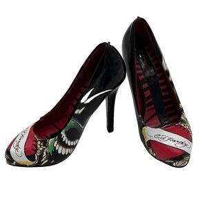 Rare Authentic Vtg Ed Hardy Heart High Heels Pumps Y2K Shoes Size 5 Tattoos